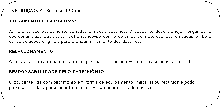 Retngulo de cantos arredondados: INSTRUO: 4 Srie do 1 Grau

JULGAMENTO E INICIATIVA:

As tarefas so basicamente variadas em seus detalhes. O ocupante deve planejar, organizar e coordenar suas atividades, defrontando-se com problemas de natureza padronizadas embora utilize solues originais para o encaminhamento dos detalhes.

RELACIONAMENTO:

Capacidade satisfatria de lidar com pessoas e relacionar-se com os colegas de trabalho.

RESPONSABILIDADE PELO PATRIMNIO:

O ocupante lida com patrimnio em forma de equipamento, material ou recursos e pode
provocar perdas, parcialmente recuperveis, decorrentes de descuido.

