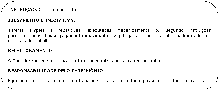 Retngulo de cantos arredondados: INSTRUO: 2 Grau completo

JULGAMENTO E INICIATIVA:

Tarefas simples e repetitivas, executadas mecanicamente ou segundo instrues pormenorizadas. Pouco julgamento individual  exigido j que so bastantes padronizados os mtodos de trabalho.

RELACIONAMENTO:

O Servidor raramente realiza contatos com outras pessoas em seu trabalho.

RESPONSABILIDADE PELO PATRIMNIO:

Equipamentos e instrumentos de trabalho so de valor material pequeno e de fcil reposio.

