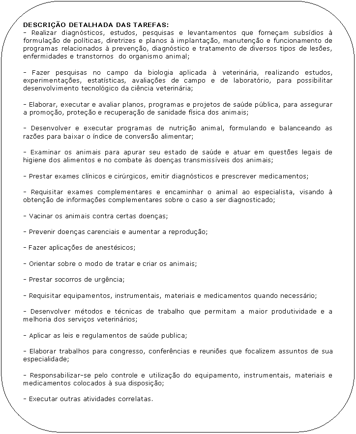 Retngulo de cantos arredondados: DESCRIO DETALHADA DAS TAREFAS:
- Realizar diagnsticos, estudos, pesquisas e levantamentos que forneam subsdios  formulao de polticas, diretrizes e planos  implantao, manuteno e funcionamento de programas relacionados  preveno, diagnstico e tratamento de diversos tipos de leses, enfermidades e transtornos	 do organismo animal;

- Fazer pesquisas no campo da biologia aplicada  veterinria, realizando estudos, experimentaes, estatsticas, avaliaes de campo e de laboratrio, para possibilitar desenvolvimento tecnolgico da cincia veterinria;

- Elaborar, executar e avaliar planos, programas e projetos de sade pblica, para assegurar a promoo, proteo e recuperao de sanidade fsica dos animais;

- Desenvolver e executar programas de nutrio animal, formulando e balanceando as razes para baixar o ndice de converso alimentar;

- Examinar os animais para apurar seu estado de sade e atuar em questes legais de higiene dos alimentos e no combate s doenas transmissveis dos animais;

- Prestar exames clnicos e cirrgicos, emitir diagnsticos e prescrever medicamentos;

- Requisitar exames complementares e encaminhar o animal ao especialista, visando  obteno de informaes complementares sobre o caso a ser diagnosticado;

- Vacinar os animais contra certas doenas;

- Prevenir doenas carenciais e aumentar a reproduo;

- Fazer aplicaes de anestsicos;

- Orientar sobre o modo de tratar e criar os animais;

- Prestar socorros de urgncia;

- Requisitar equipamentos, instrumentais, materiais e medicamentos quando necessrio;

- Desenvolver mtodos e tcnicas de trabalho que permitam a maior produtividade e a melhoria dos servios veterinrios;

- Aplicar as leis e regulamentos de sade publica;

- Elaborar trabalhos para congresso, conferncias e reunies que focalizem assuntos de sua especialidade;

- Responsabilizar-se pelo controle e utilizao do equipamento, instrumentais, materiais e medicamentos colocados  sua disposio;

- Executar outras atividades correlatas.

